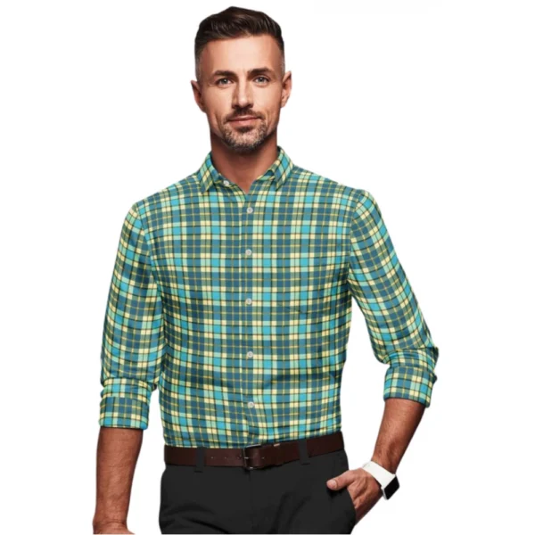 Green-Yellow Checked Full Sleeve Cotton Blend Shirt for Men
