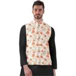Men's Orange Beige Jacquard Printed Full Sleeve Waistcoat