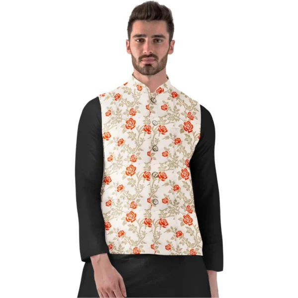 Men's Orange Beige Jacquard Printed Full Sleeve Waistcoat