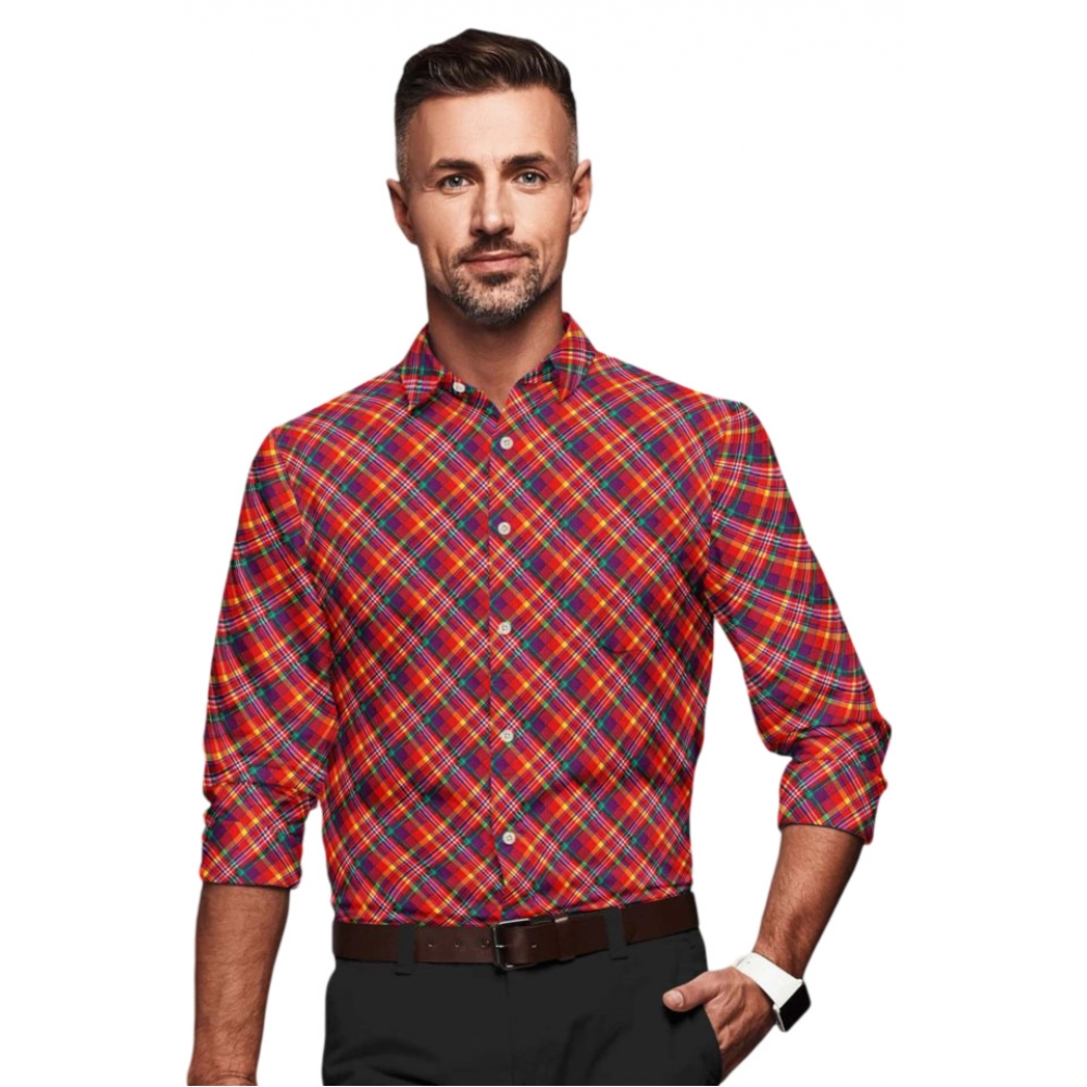 Red Cotton Blended Checked Full Sleeve Men's Shirt
