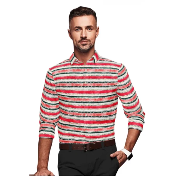 Red-White Striped Full Sleeve Cotton Blend Shirt for Men