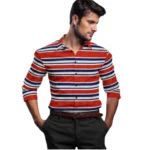 Red-Blue Striped Full Sleeve Cotton Blend Shirt for Men