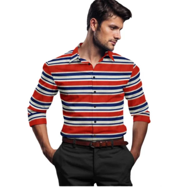 Red-Blue Striped Full Sleeve Cotton Blend Shirt for Men