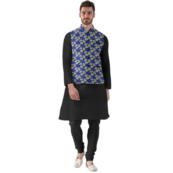 NariHaat Men's Blue Jacquard Printed Full Sleeve Waistcoat
