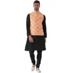 Men's Orange Jacquard Printed Full Sleeve Waistcoat