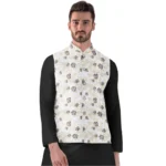 Men's Beige Jacquard Printed Full Sleeve Waistcoat