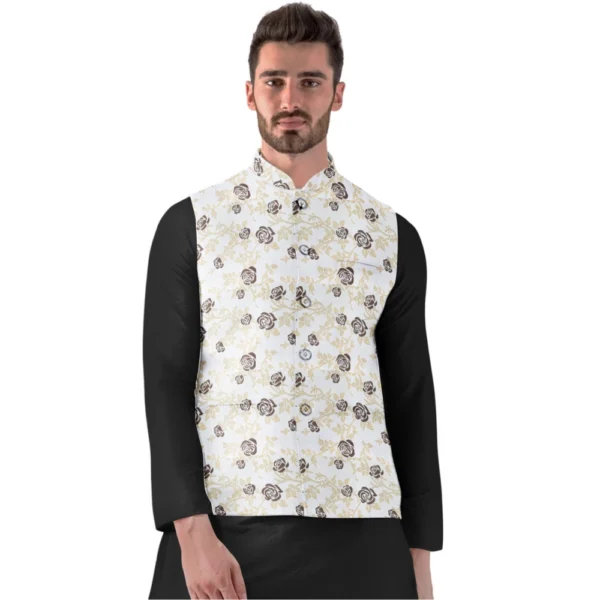 Men's Beige Jacquard Printed Full Sleeve Waistcoat