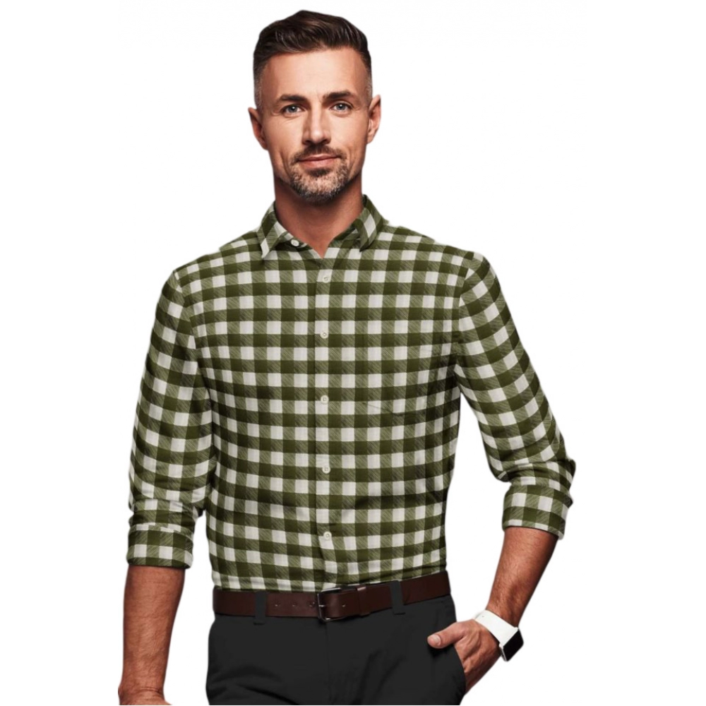White-Green Checked Full Sleeve Cotton Blend Shirt for Men