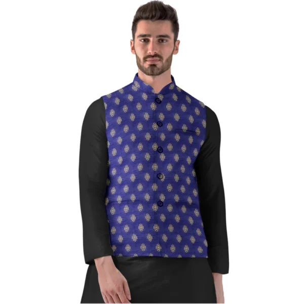 Men's Blue Jacquard Printed Full Sleeve Waistcoat