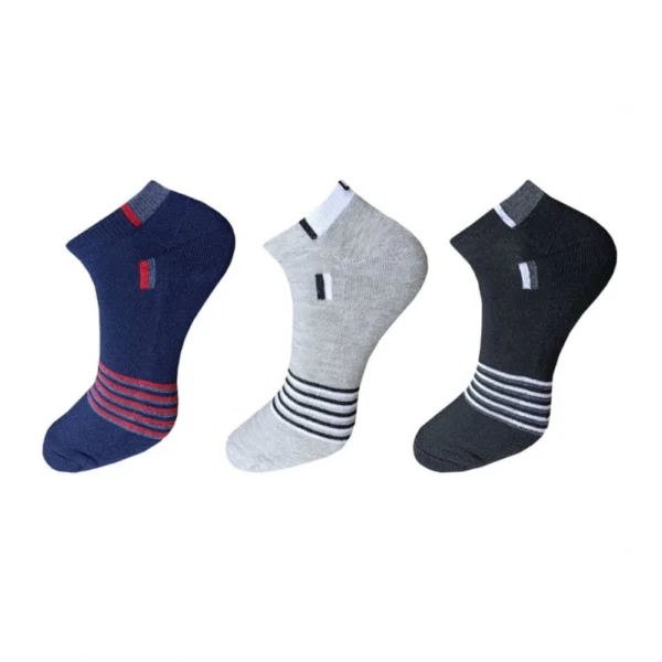 Three pairs of multicolor striped cotton ankle socks for men and women