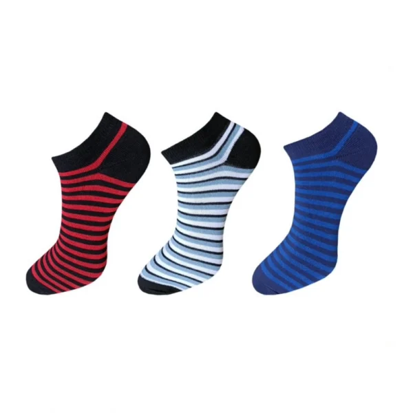 Three pairs of multicolor striped cotton ankle socks for men and women