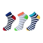 Three pairs of multicolor striped cotton ankle socks for men and women