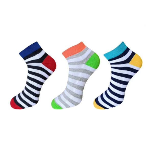 Three pairs of multicolor striped cotton ankle socks for men and women