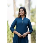 Generic Women's Cotton Solid 3/4 Sleeve Mandarin collar Kurti (Blue) - Image 2