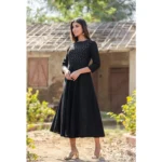 Generic Women's Cotton Solid 3/4 Sleeve Round Neck Kurti (Black) - Image 4