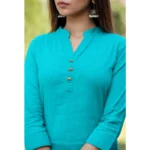 Generic Women's Cotton Solid 3/4 Sleeve Mandarin collar Kurti (Green) - Image 3