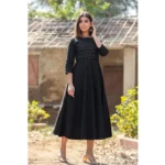 Generic Women's Cotton Solid 3/4 Sleeve Round Neck Kurti (Black) - Image 5