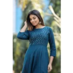 Generic Women's Cotton Solid 3/4 Sleeve Round Neck Kurti (Blue) - Image 2