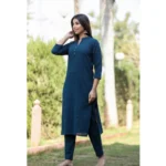 Generic Women's Cotton Solid 3/4 Sleeve Mandarin collar Kurti (Blue) - Image 4