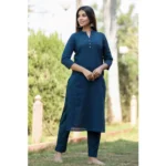 Generic Women's Cotton Solid 3/4 Sleeve Mandarin collar Kurti (Blue) - Image 3