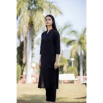 Generic Women's Cotton Solid 3/4 Sleeve Mandarin collar Kurti (Black) - Image 2