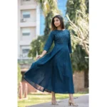 Generic Women's Cotton Solid 3/4 Sleeve Round Neck Kurti (Blue) - Image 5