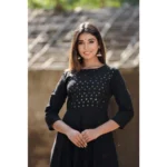 Generic Women's Cotton Solid 3/4 Sleeve Round Neck Kurti (Black) - Image 2