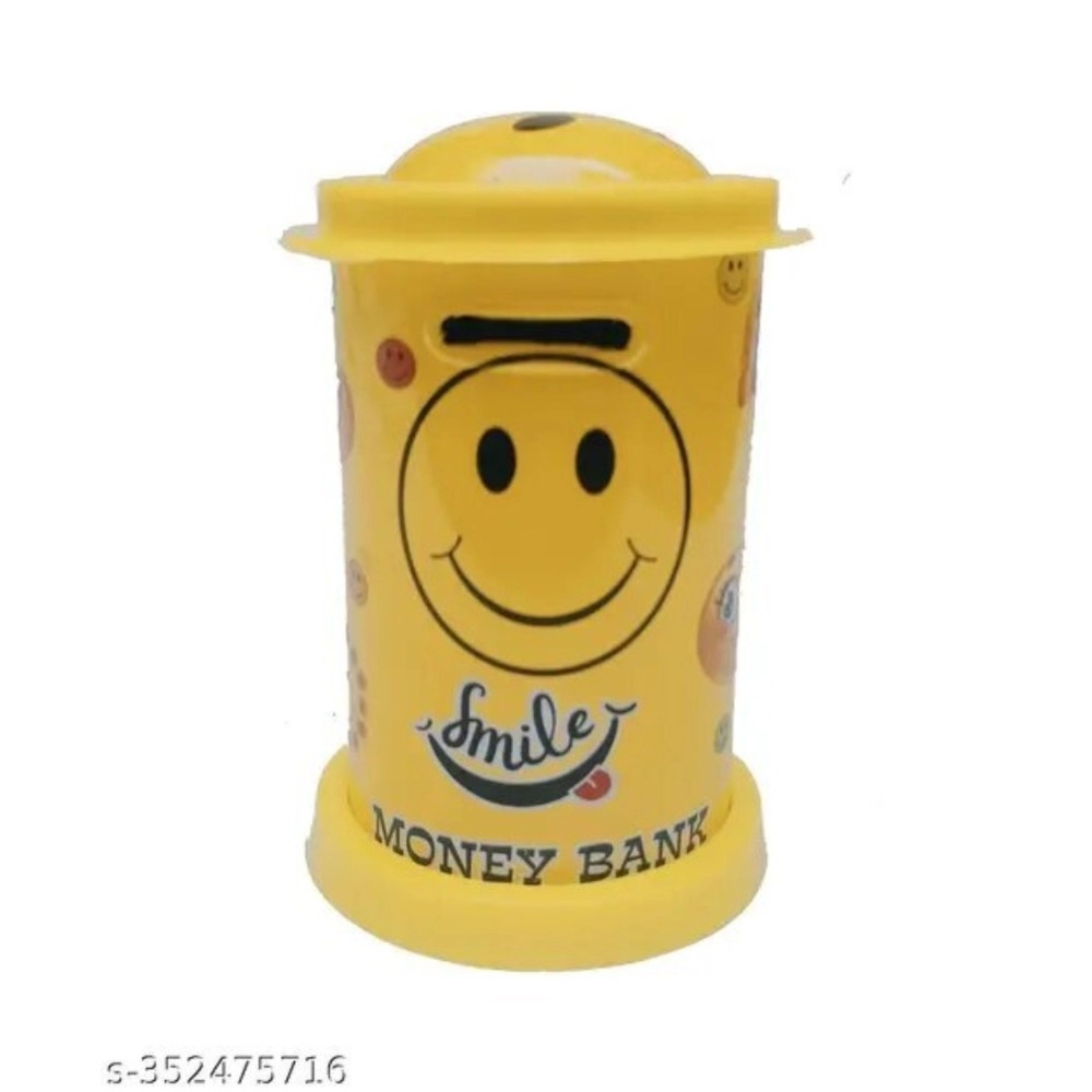 Metal smiley face piggy bank with lock