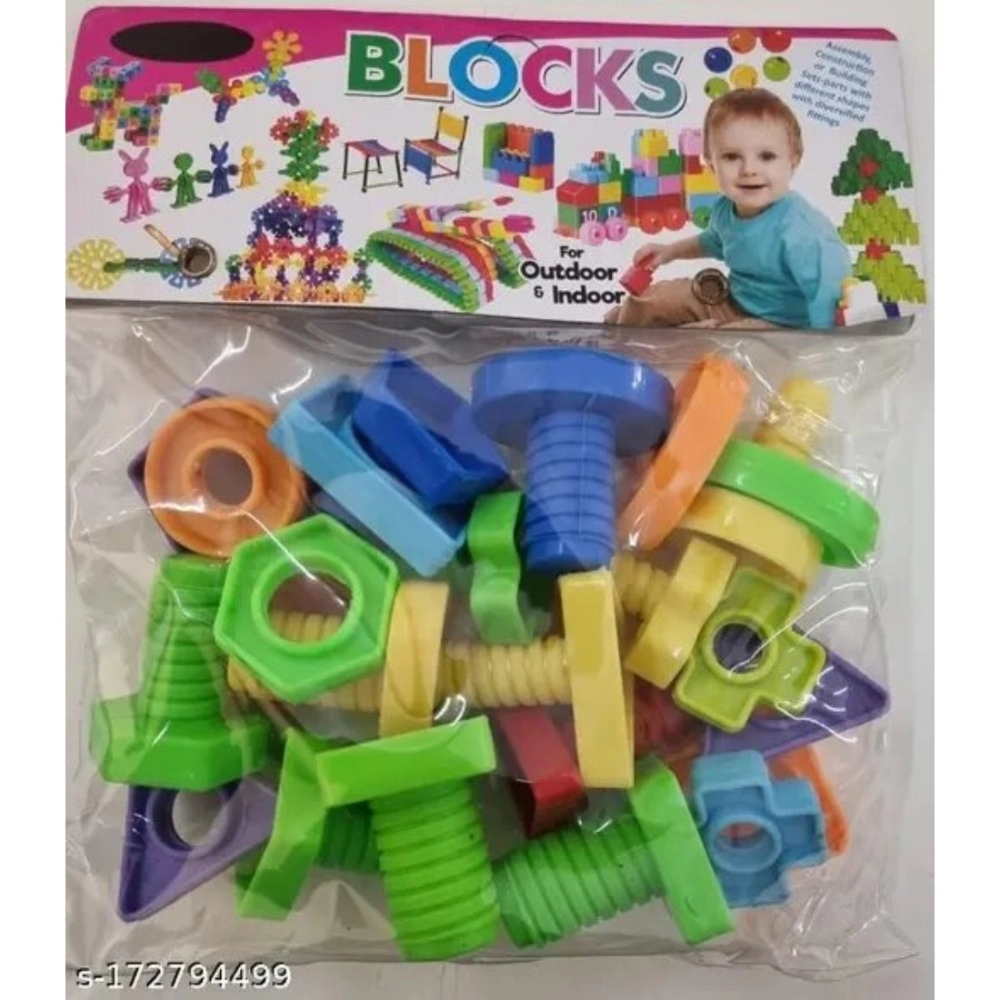 Assorted plastic nut and bolt building blocks