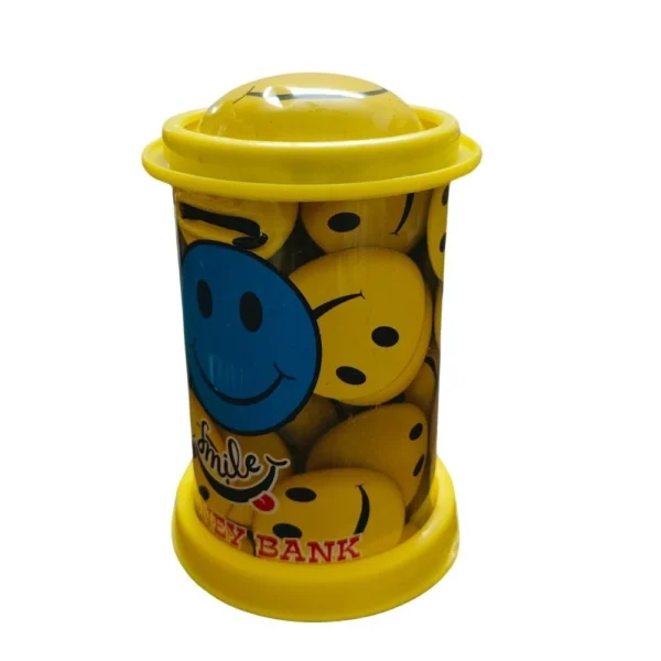 Metal smiley face piggy bank with lock