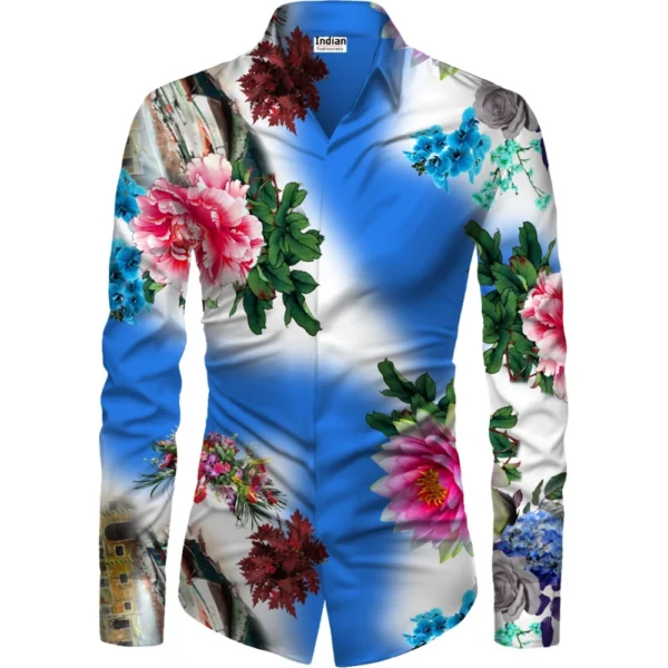 Blue Floral Printed Unstitched Men's Shirt Fabric