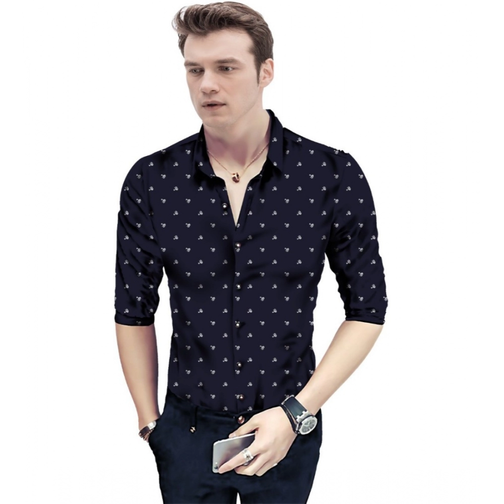 Dark Blue Floral Cotton Blend Shirt Fabric for Men