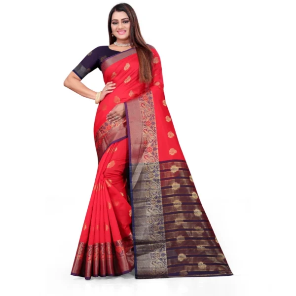 Stunning Red Silk Blend Woven Saree with Unstitched Blouse
