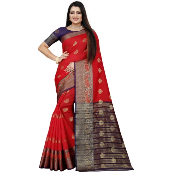 Elegant Purple-Red Silk Blend Woven Saree with Blouse Piece