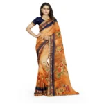 Women's Blue and Orange Georgette Floral Print Saree with Unstitched Blouse