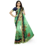 Generic Women's Georgette Floral Print Saree With Unstitched Blouse 5.5Mtr (Green) - Image 4