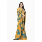 Generic Women's Georgette Floral Print Saree With Unstitched Blouse 5.5Mtr (Blue-Orange) - Image 3