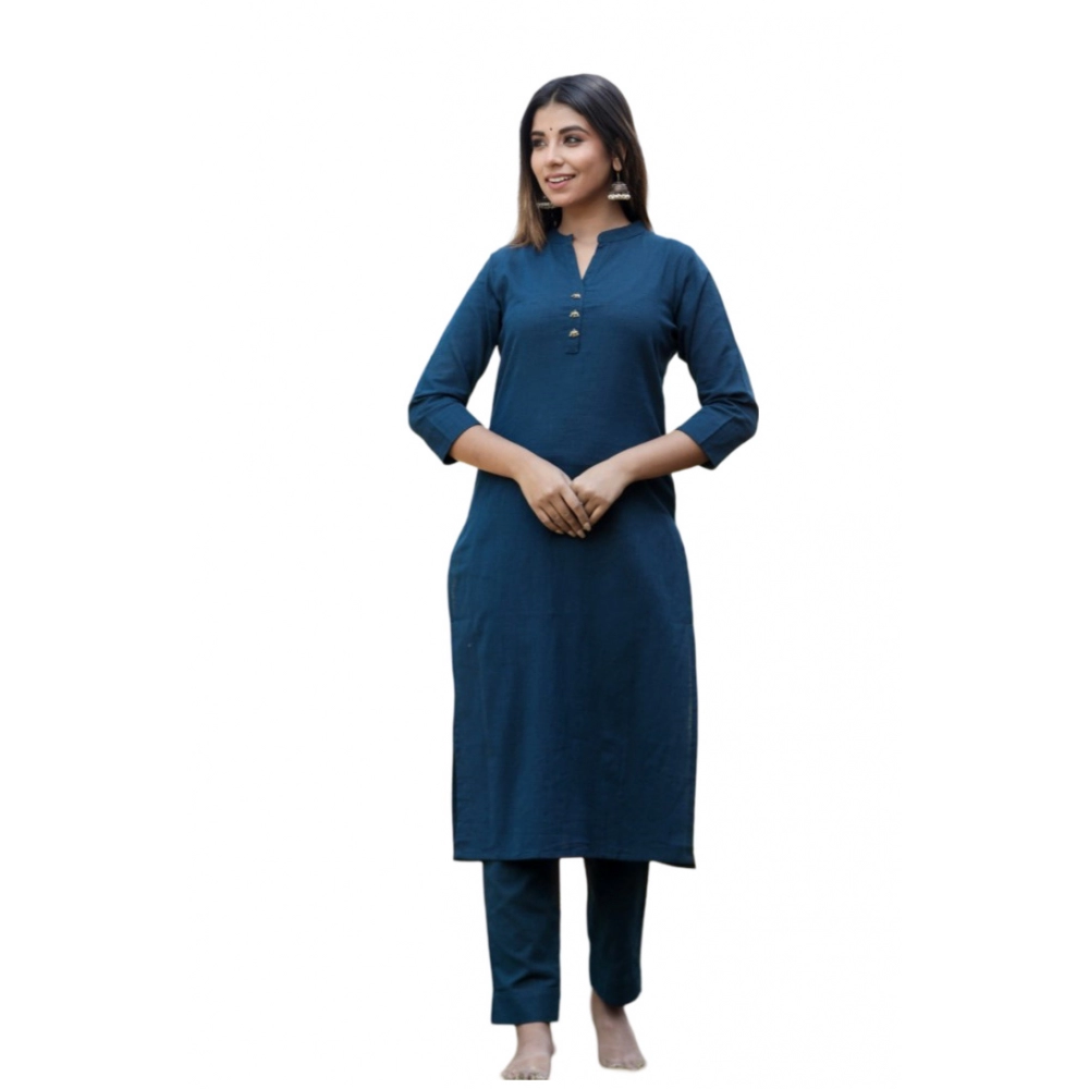 53938065685_bebc8e0004_o_d-1000x1000-1.webp Generic Women's Cotton Solid 3/4 Sleeve Mandarin collar Kurti (Blue) - Image 1