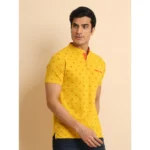 Generic Men's Casual Cotton Printed Mandarin Collar Half Sleeve T-Shirt (Mustard) - Image 3