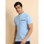 Generic Men's Casual Cotton Printed Mandarin Collar Half Sleeve T-Shirt (Skyblue) - Image 4