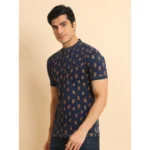 Generic Men's Casual Cotton Printed Mandarin Collar Half Sleeve T-Shirt (Navy) - Image 4