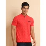 Generic Men's Casual Cotton Printed Mandarin Collar Half Sleeve T-Shirt (Red) - Image 3