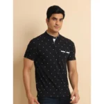 Generic Men's Casual Cotton Printed Mandarin Collar Half Sleeve T-Shirt (Black) - Image 3