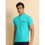 Generic Men's Casual Cotton Printed Mandarin Collar Half Sleeve T-Shirt (Seagreen) - Image 4