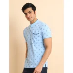 Generic Men's Casual Cotton Printed Mandarin Collar Half Sleeve T-Shirt (Skyblue) - Image 4