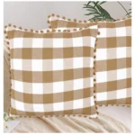 Generic Pack Of_2 Cotton Checkered Cushion Cover With Pom Pom (Beige, Size: 20x20 In)