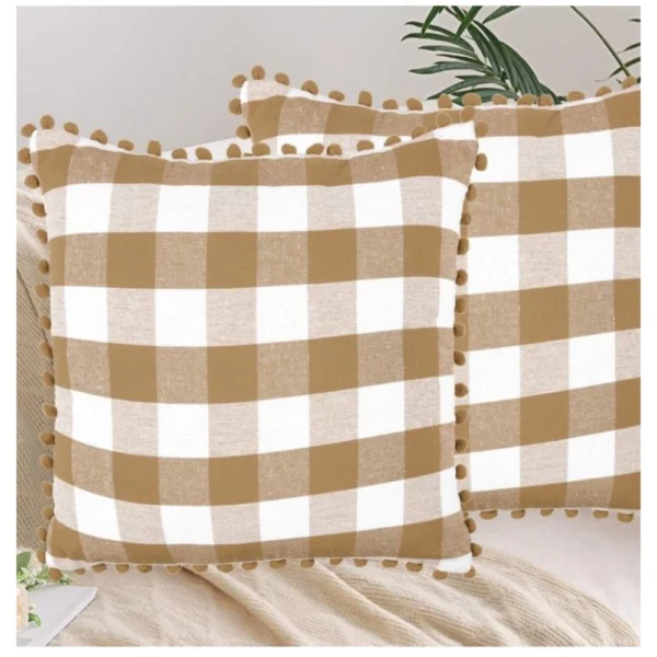 Generic Pack Of_2 Cotton Checkered Cushion Cover With Pom Pom (Beige, Size: 20x20 In)