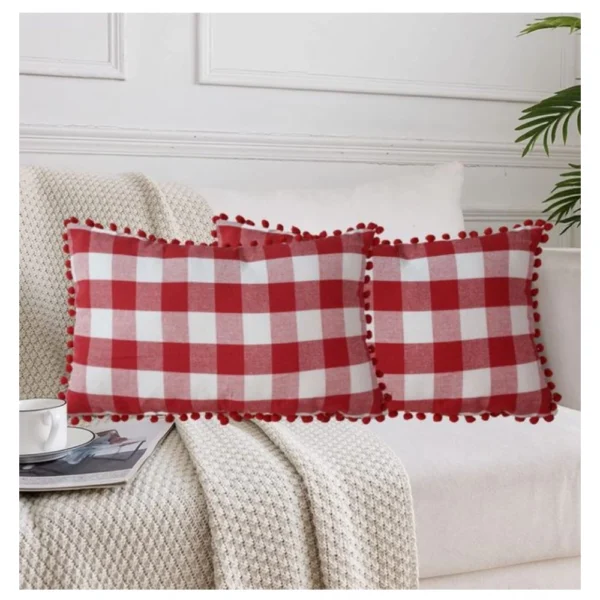 Generic Pack Of_2 Cotton Checkered Cushion Cover With Pom Pom (Red, Size: 12x20 In)