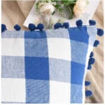Generic Pack Of_2 Cotton Checkered Cushion Cover With Pom Pom (Blue, Size: 12x20 In) - Image 3