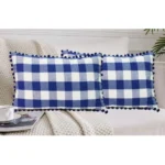 Generic Pack Of_2 Cotton Checkered Cushion Cover With Pom Pom (Blue, Size: 12x20 In) - Image 4